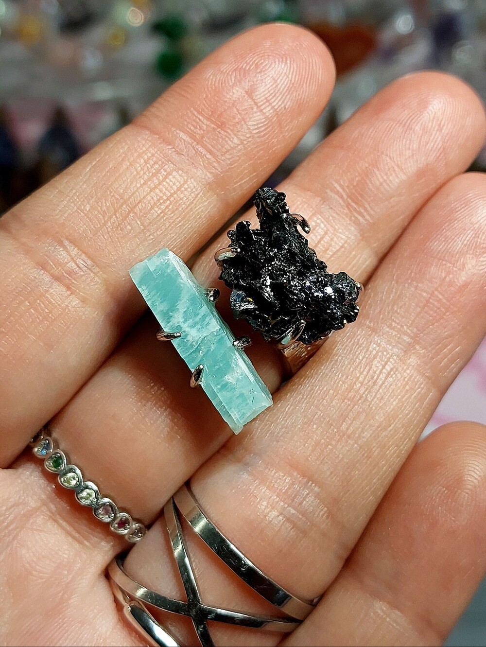 🪨⚒️ Duel Specimen Sphalerite & Russian Amazonite Cuboid Tubal Copper Ring